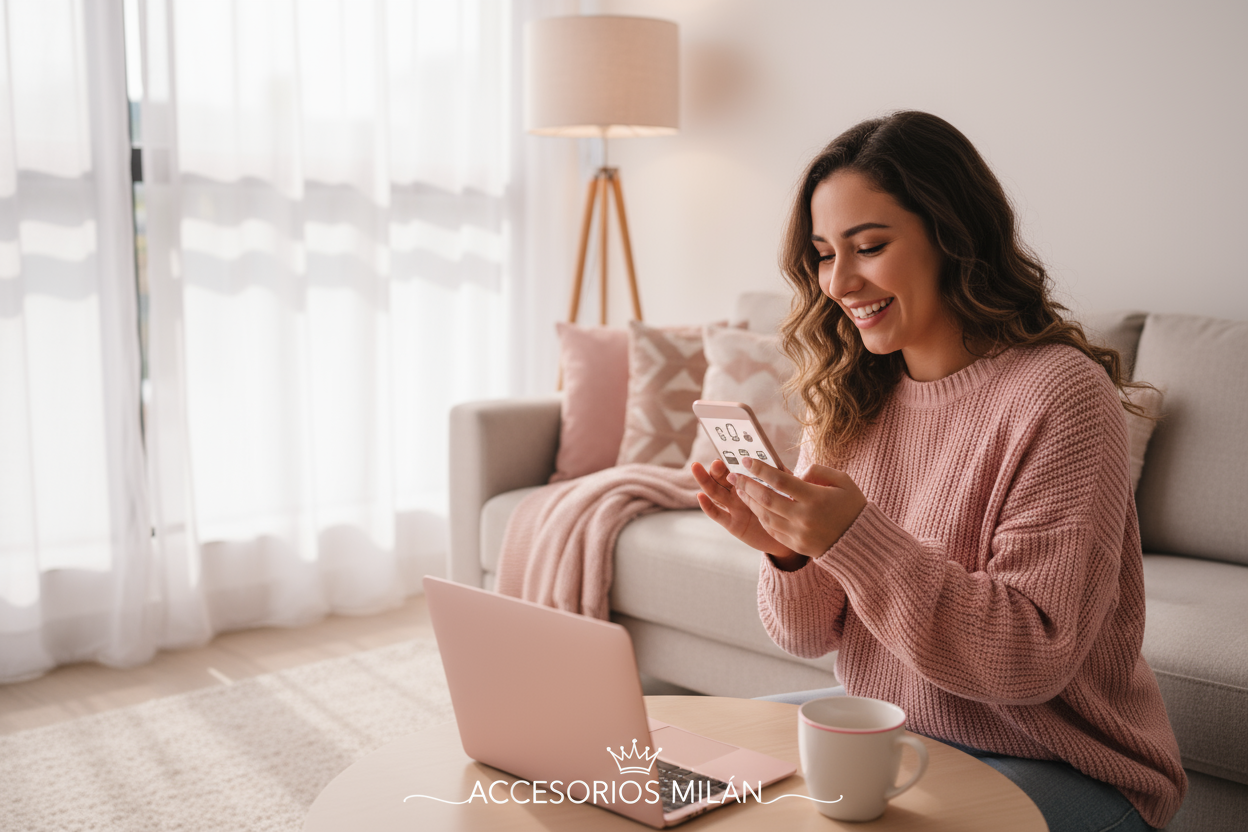 ultra realistic banner image for an online store called Accesorios Milán, feminine Pinterest-style scene inside a cozy modern home with pink and beige tones, natural daylight, soft elegant lighting, minimalistic decor, a happy young Colombian woman sitting on her sofa or bed using her smartphone to shop online, smiling with excitement and joy, surrounded by subtle touches of femininity like a pink coffee cup, laptop, or soft cushions, elegant UGC-style composition that feels authentic and warm, pastel color
